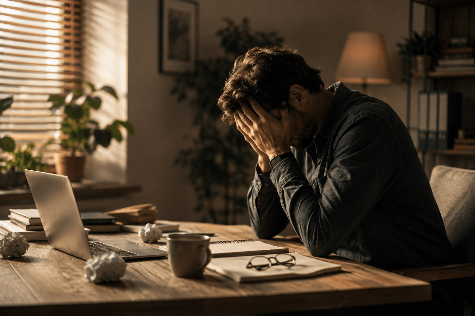 Gestreste man aan rommelig bureau