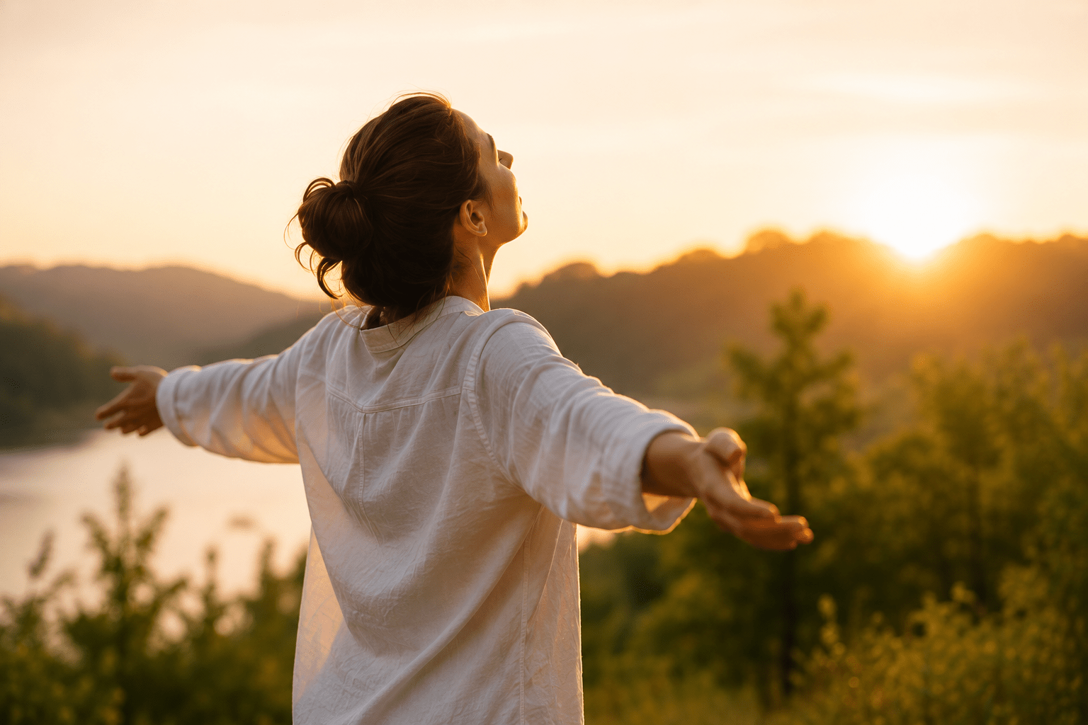Vrouw met open armen in de natuur tijdens lichaamswerk voor ontspanning en verbinding met het lichaam Vrouw met open armen in de natuur tijdens lichaamswerk voor ontspanning en verbinding met het lichaam